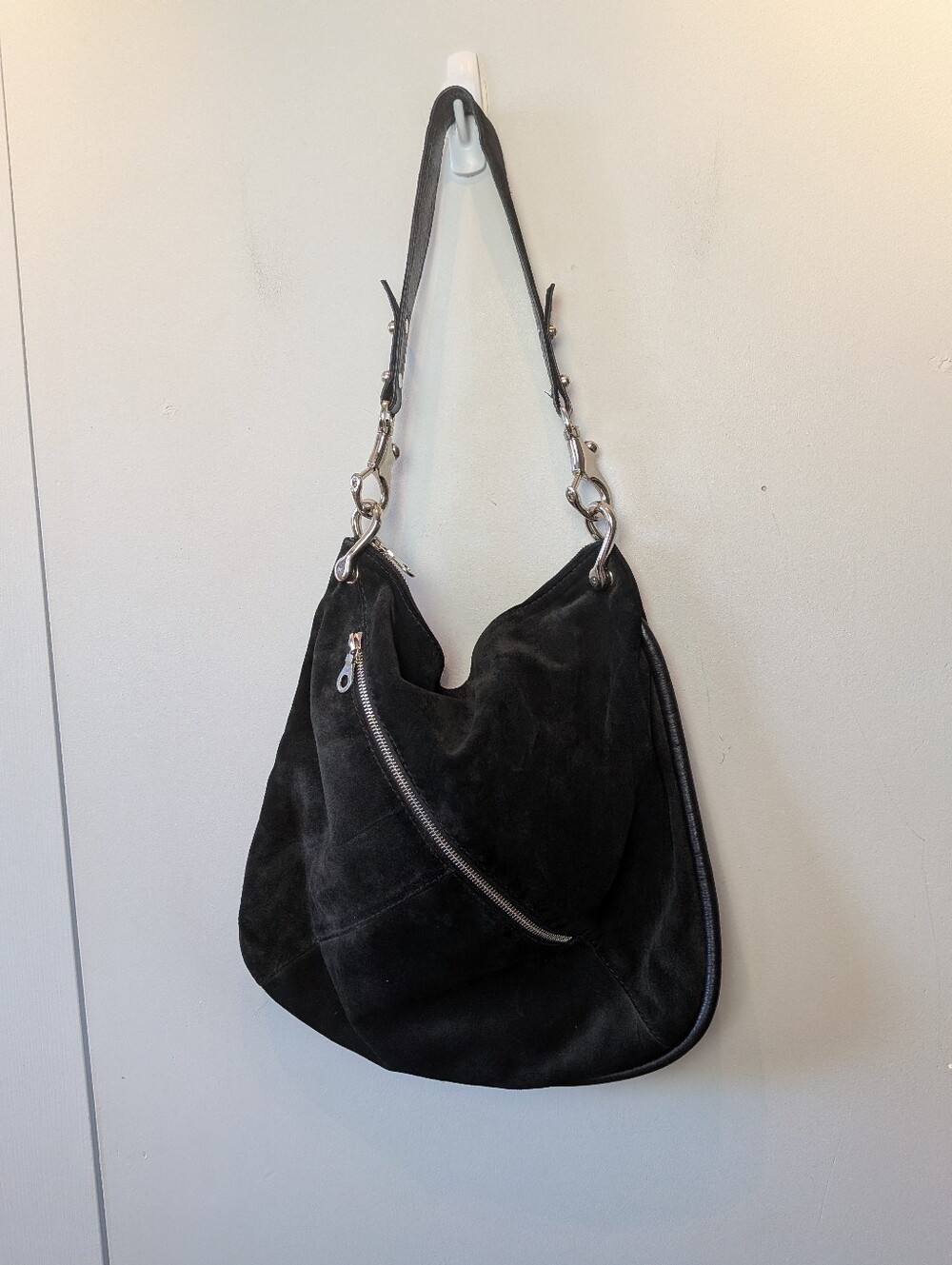 CHRISTOPHER KON Black Suede And Leather Shoulder Bag Zipper Closure